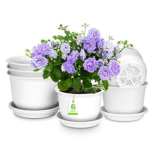 RIFNY - Lot de 6 pots de fleurs ronds en plastique avec trous de drainage et soucoupes, tailles assorties_0