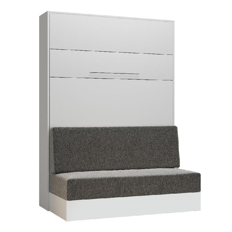 Armoire lit escamotable KOMPACT VIARDO SOFA - canapé blanc mat tissu gris - couchage 140x200 cm - ouverture assistée_0