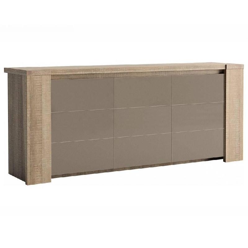 DERBY BUFFET ENFILADE 3 PORTES EN CHÊNE TAUPE PORTE EN VERRE TAUPE ÉCLAIRAGE LED INCLUS