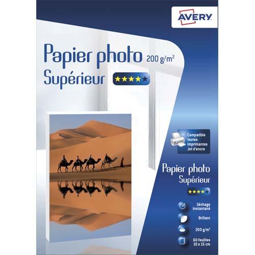 Avery boîte de 60 feuilles de papier photo brillant 10x15cm, jet d'encre, 200g/m²