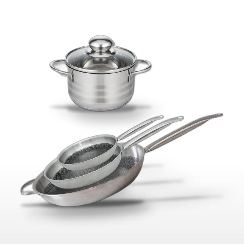 Batterie de cuisine avec 1 faitout 12 cm et 3 poêles 24/28/32 cm en inox et aluminium sans PFAS Elo Collection Relief Solution Brillant - gris 317623_0