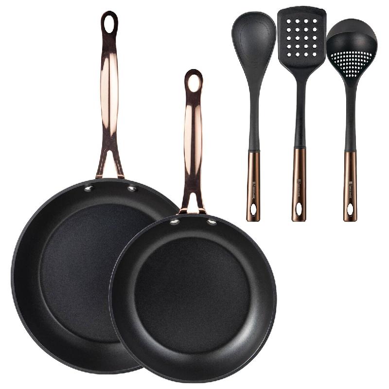 BERGNER - Jeu de 2 Poêles Ø20/24 cm en Aluminium Forgé Noir Mat avec Jeu de 3 Ustensiles de Cuisine en PBT noir et cuivre - PK9547_0
