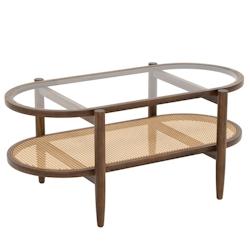 HELLOSHOP26 - Table basse ovale en verre trempé avec cadre en bois d'acacia table de salon 2 niveaux avec étagère ouverte en rotin pe marron 20_000_0