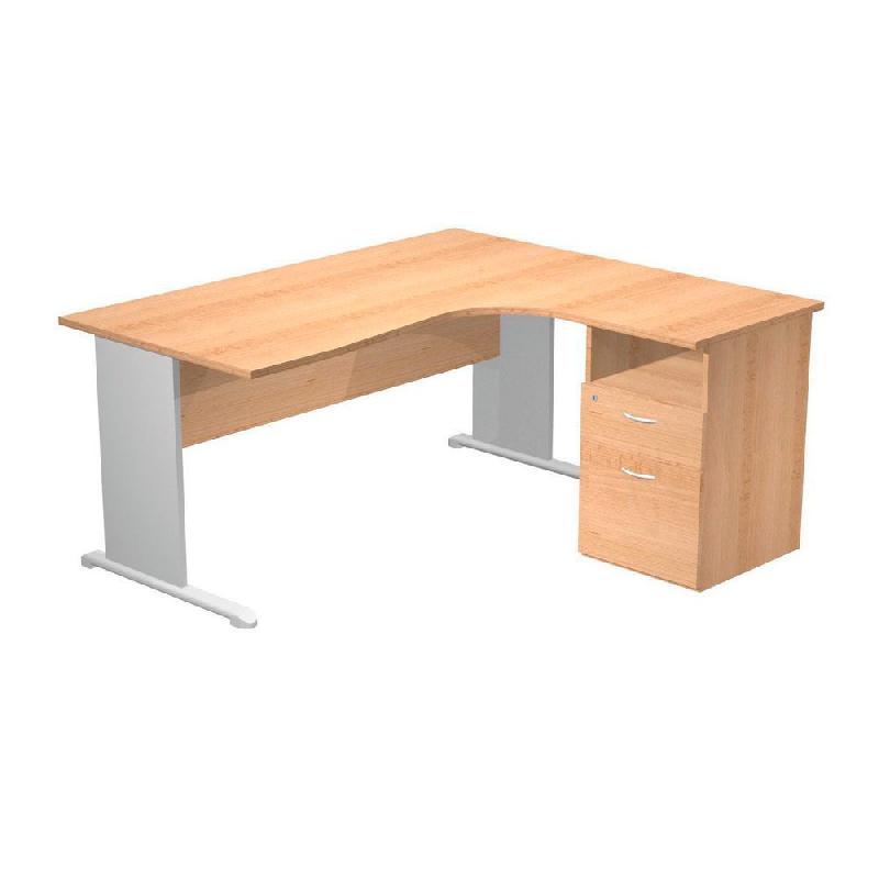 PACK PRONTO TENDANCE -  BUREAU COMPACT RETOUR A DROITE HETRE PIEDS ALUMINIUM  -  1 CAISSON HAUTEUR BUREAU PROF. 60 CM