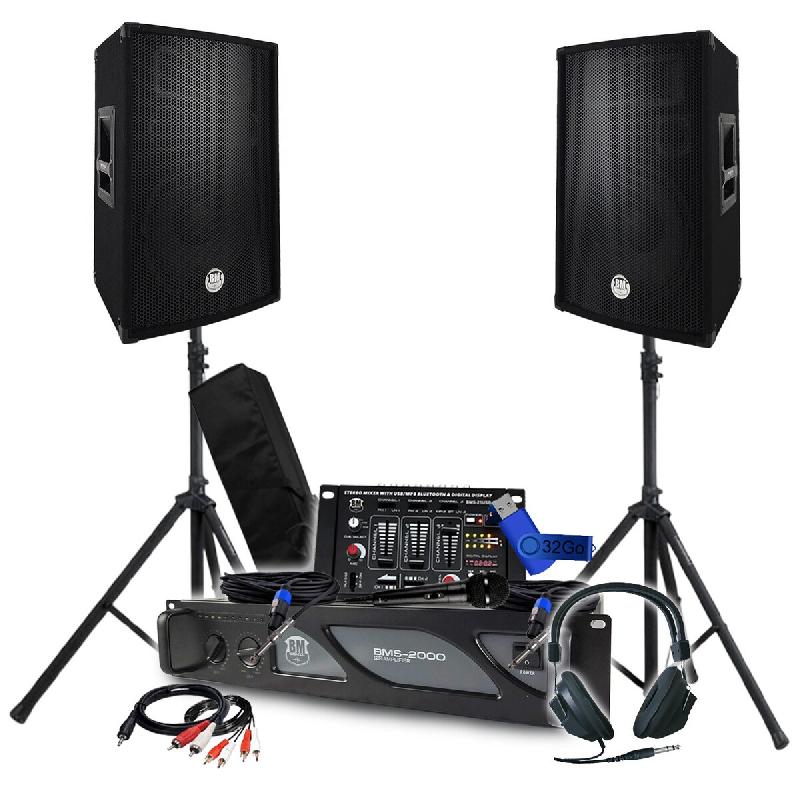 Pack Sono BM SONIC Amplificateur 2000W, Paire d'Enceintes Passives 2x600W, Table de Mixage, Pieds, Casque DJ, Câbles et Micro - 3666638038104_0