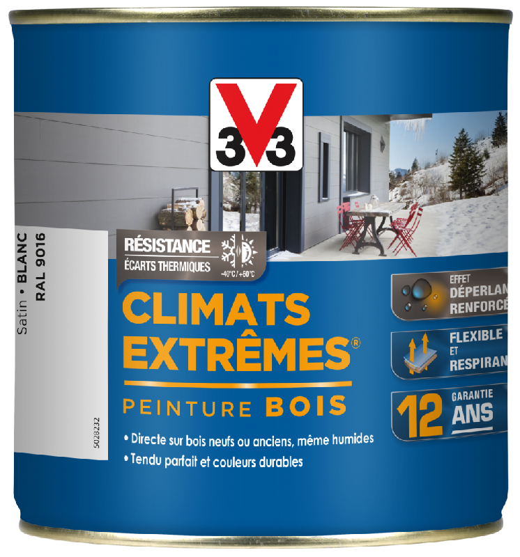 Peinture bois extérieur Climats Extrêmes® V33 - Blanc satiné - 0,5 L - Protection microporeuse, sans sous-couche, pour bois neufs et anciens_0