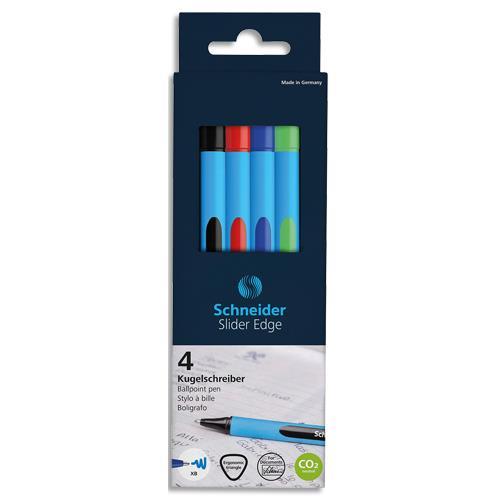 POCHETTE DE 4 STYLOS BILLE SCHNEIDER SLIDER EDGE - A CAPUCHON - POINTE LARGE - ENCRES ASSORTIES