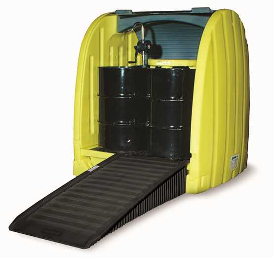 Polyhardcover pour le stockage de 2 fûts en rétention de 220 litres - modèle 4060YE avec porte roulante verrouillable_0