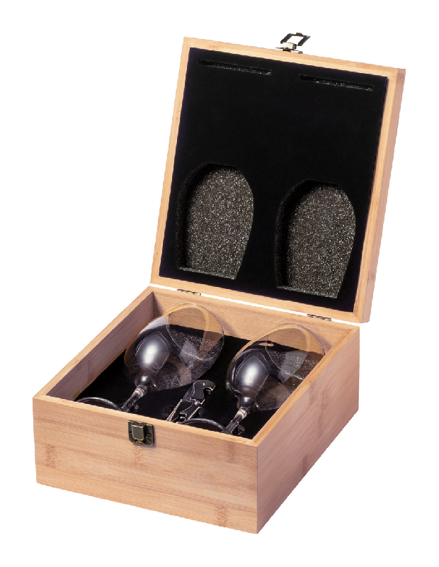 Set à vin de luxe - Boîte cadeau en bambou avec 2 verres 350 ml et sommelier en acier inoxydable_0