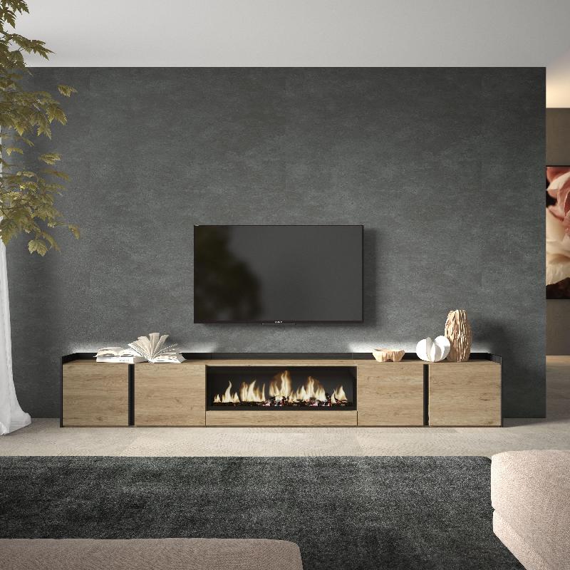 SKRAUT HOME - MEUBLE TV EFFET BOIS DE CHÊNE ET NOIR 315X35X50CM CHEMINÉE EFFET FEU