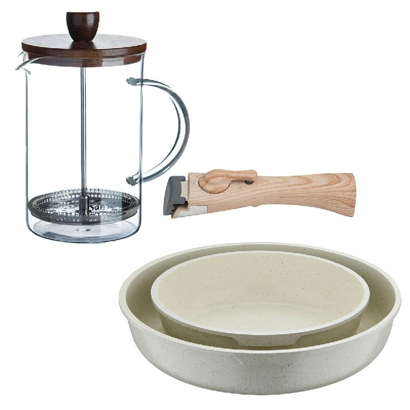 BERGNER - Jeu de 2 Poêles Ø22/26cm en Aluminium Coulé Blanc avec Manche Amovible avec Cafetière à Piston en Verre Borosilicate 15,8×10×18,8cm - PK9766_0