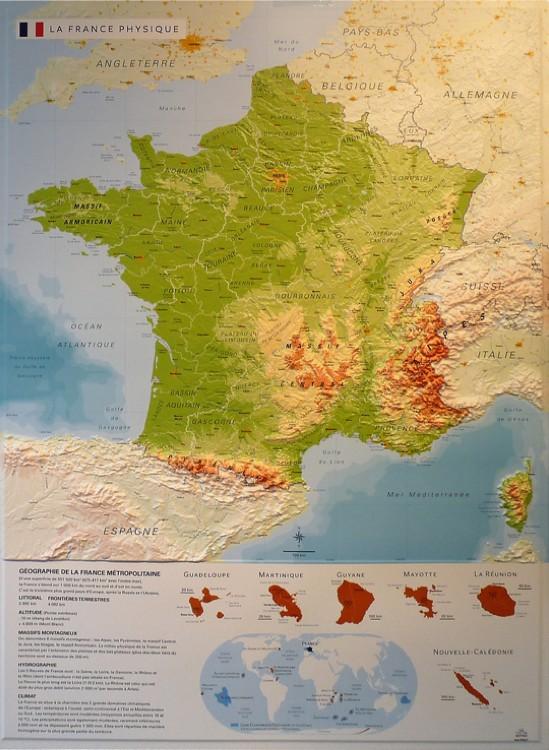 Carte de France physique - grands ensembles géographiques, sommets, fleuves, départements et territoires d'outre-mer_0