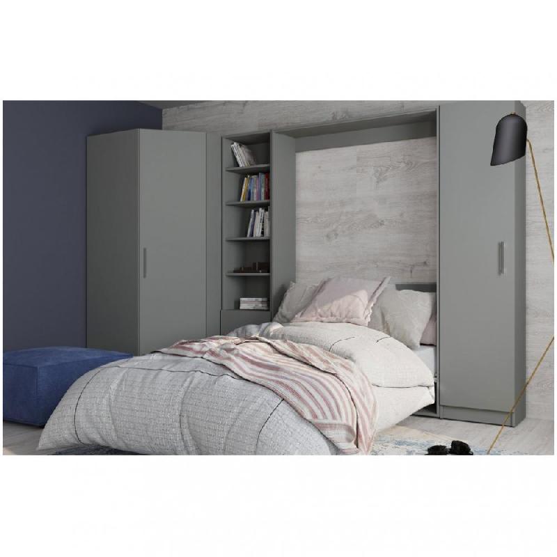 COMPOSITION ARMOIRE LIT ESCAMOTABLE SMART-V2 GRIS MAT COUCHAGE 160 X 200 CM  2 COLONNES RANGEMENTS + ANGLE_0