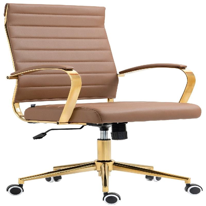 Décoshop26 - Fauteuil de bureau sur roulettes avec dossier à coutures horizontales PVC marron clair et cadre métal doré 10_0006923 - marron métal_0