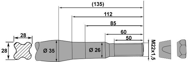 DENT DROITE CONIQUE K113 M22 35X820 ADAPTABLE
