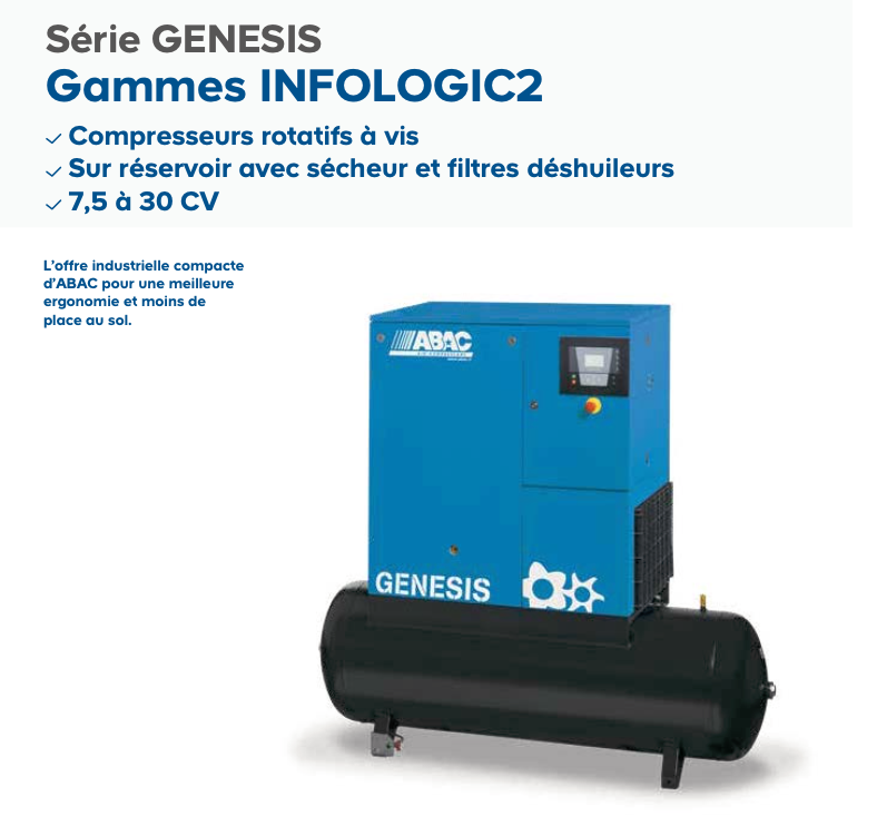 Ensemble complet - Compresseur rotatif à vis série GENESIS ABAC 7,5 à 30 ch - 52,9 à 194,4 m3/h - 10 ou 8 bars - avec réservoir 500L et sécheur DRY 85_0