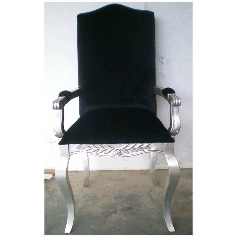 FAUTEUIL BAROQUE EN VELOURS NOIR ET BOIS ARGENTE