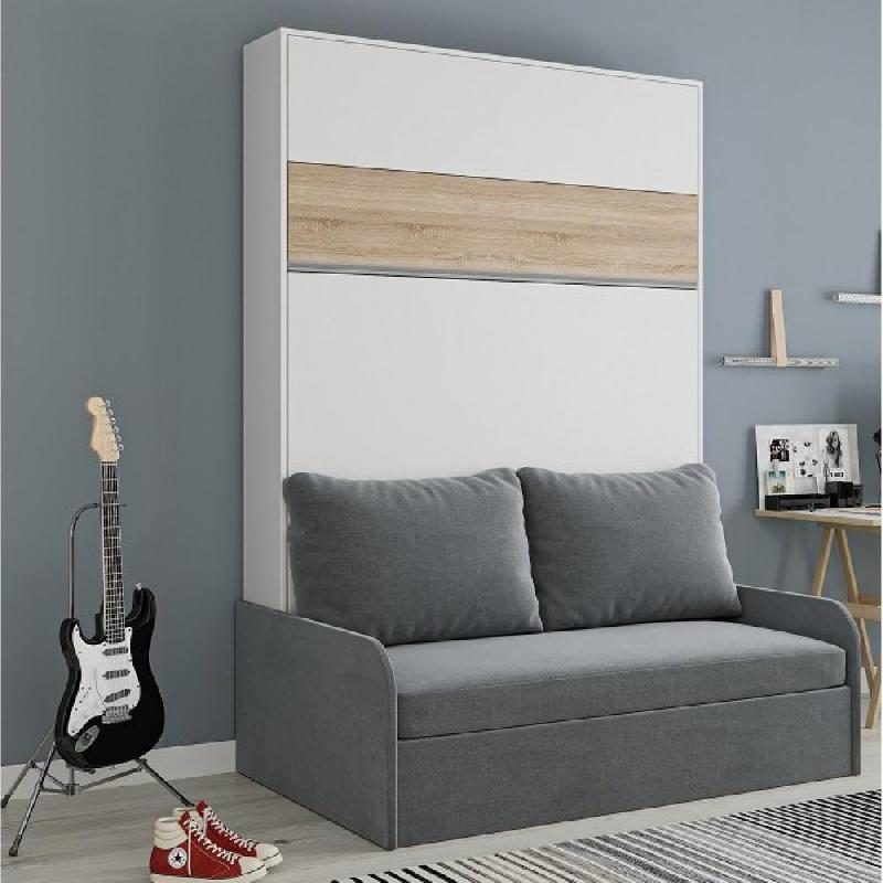 ARMOIRE LIT ESCAMOTABLE BERMUDES SOFA BLANC BANDEAU CHÊNE CANAPÉ GRIS 140*200 CM_0