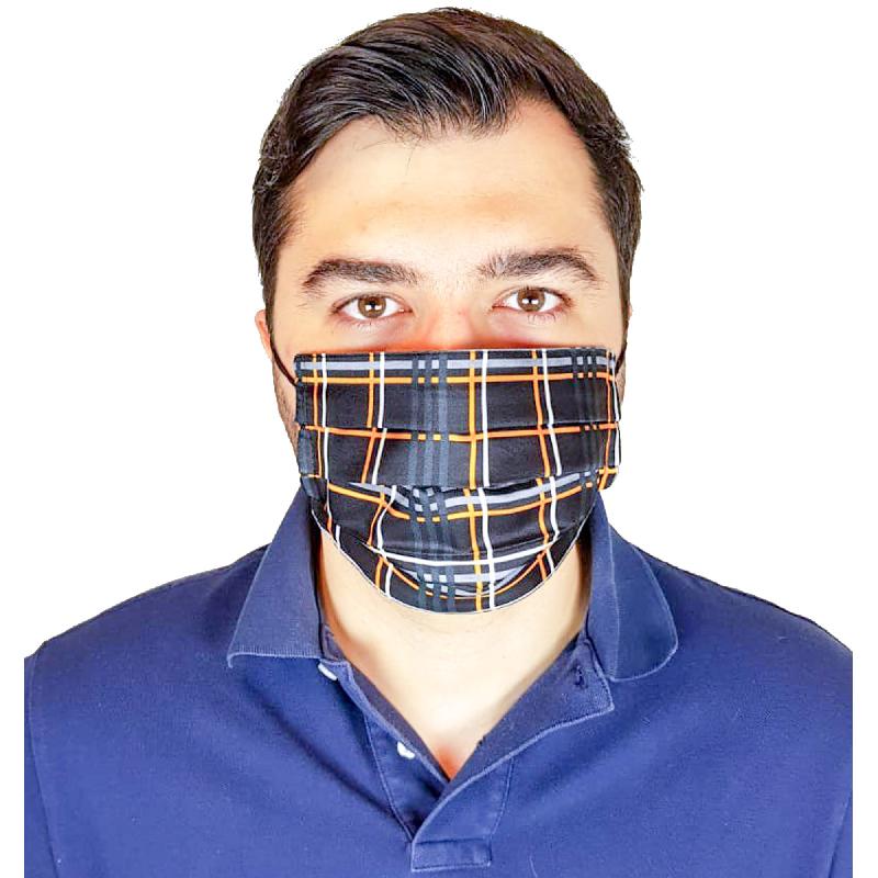 Masque lavable en soie imprimée écossais - doublé coton noir - 2 couches 3 plis - Réf 30274.01.1_0