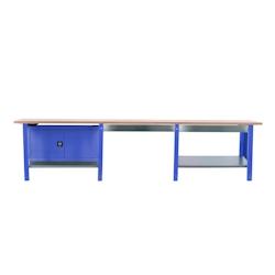 PROREGAL Etabli BUFFALO WOOD avec 2x Tiroir + Armoire| HxLxP 86,5x300x75cm | Capacité de Charge 1000kg | Bleu - bleu métal PR_RS157-102_0