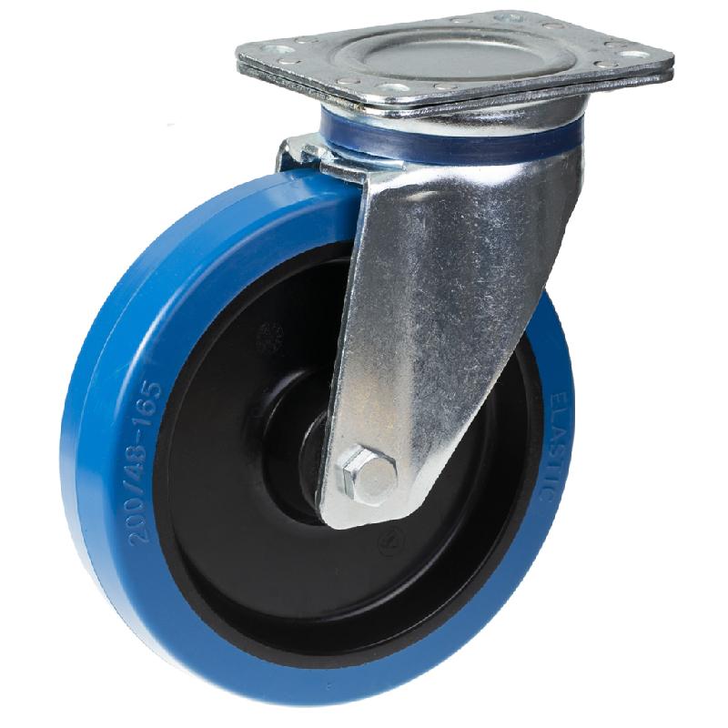 Roulette pivotante de 200 mm avec caoutchouc élastique bleu sur roue centrale en nylon_0