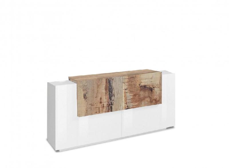 Buffet design CORO 160 cm - Blanc laqué brillant et érable vintage - Rangement spacieux_0