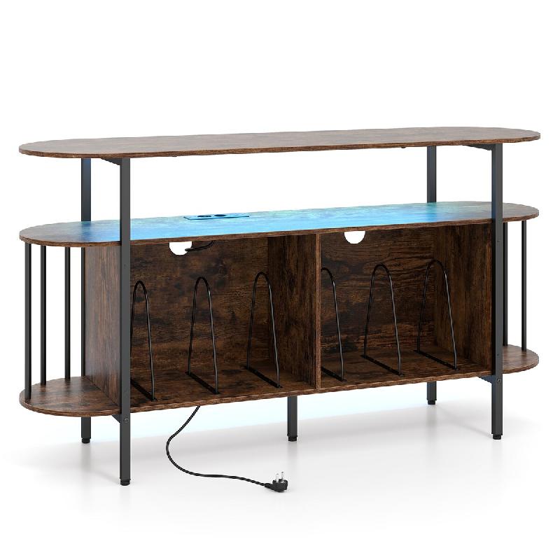 Étagère pour tourne-disque COSTWAY avec prise et LED, table avec porte-disques et télécommande, brun rustique - marron Bois manufacturé VH36636PQ-OR_0
