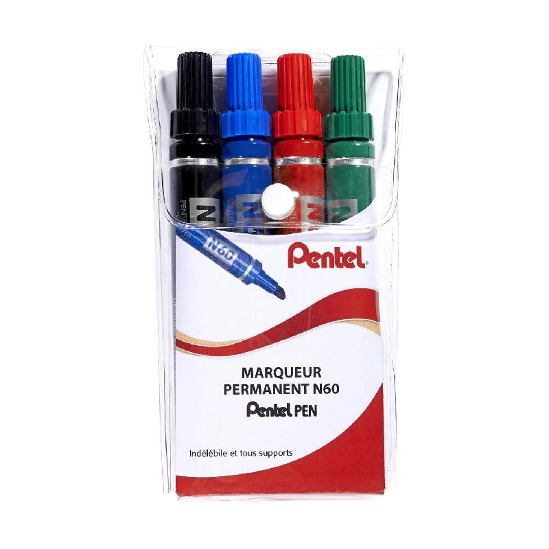 MARQUEUR PERMANENT BISEAUTE - PENTEL N60 - TRAIT DE 3,9 - 5,7 MM - POCHETTE DE 4 COLORIS ASSORTIS