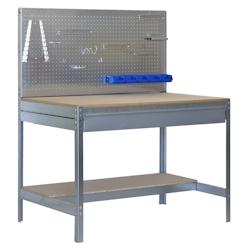 PROREGAL Etabli BUFFALO avec paroi à outils et tiroir | HxLxP 84x150x61cm | Capacité de charge 600kg | Galvanisé - argenté métal RS38-08_0