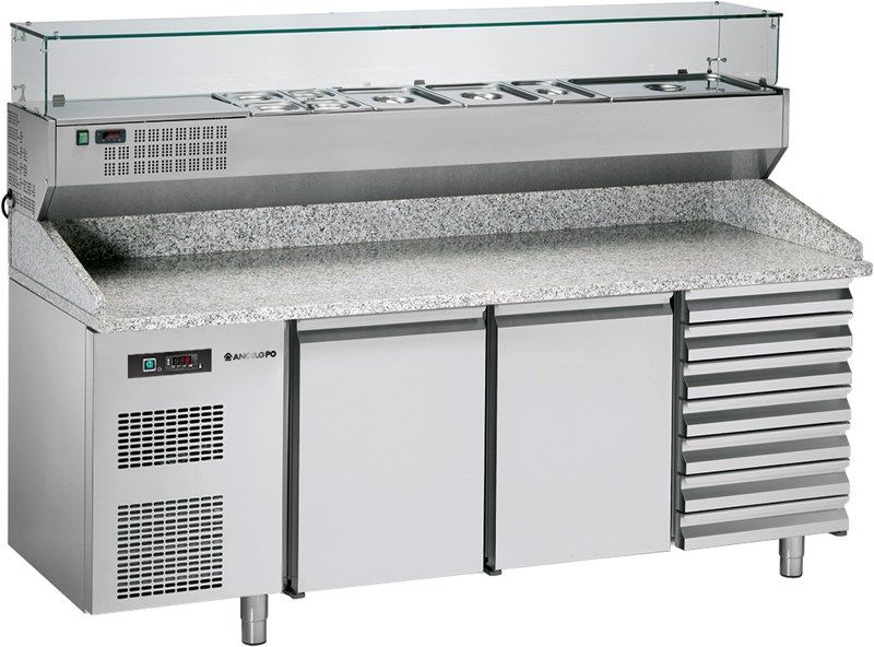 BPZ203A - Table à pizza réfrigérée Angelo Po - 353 kg - Plan en granit avec vitrine réfrigérée_0
