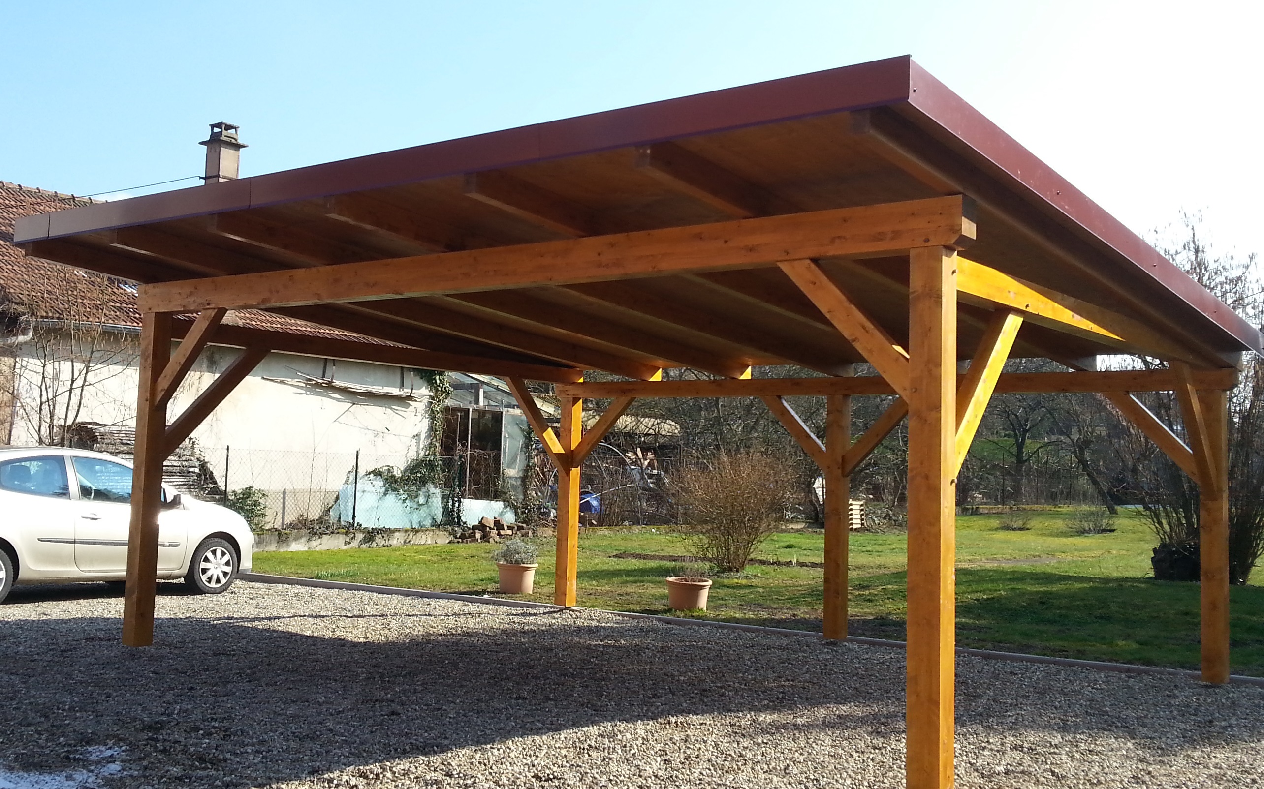 Carport en bois pour 2 voitures - structure monopente - 5 poteaux - Abriboa_0