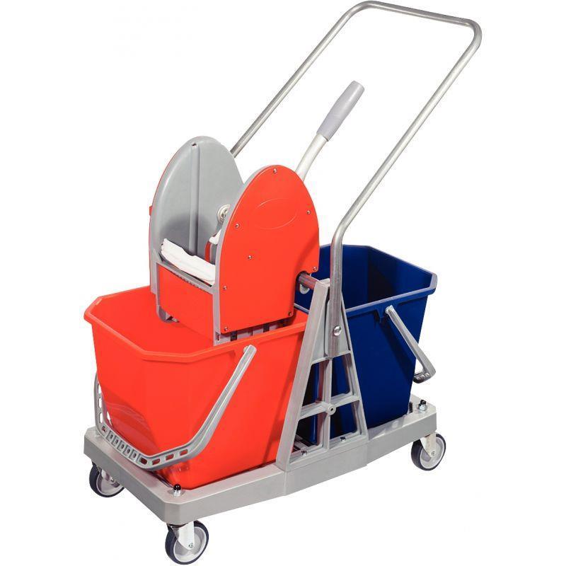 Chariot de lavage 2x15 litres avec presse - Base plastique, roues 80mm, timon métal et seaux inclus_0
