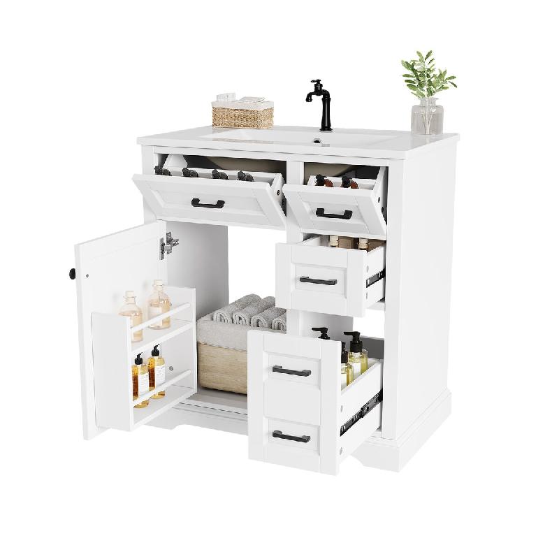 Merax meuble vasque 76x47x82 cm, meuble blanc autoportant avec vasque céramique, 4 tiroirs, étagère de porte et Soft-Close - blanc multi-matériau_0