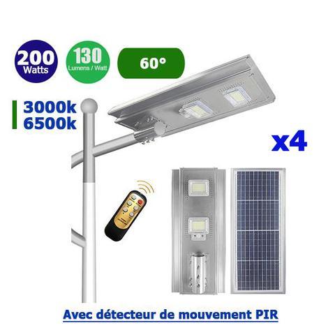 Pack de 4 luminaires LED solaires - 200W - 26 000 lumens - 130 lm/W - angle 60° - IP66 - détecteur PIR, capteur de lumière, télécommande - série Street_0