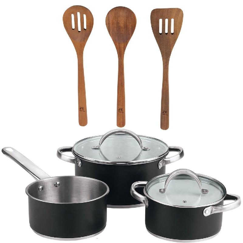 BERGNER - Batterie de cuisine 5 pièces 16/18/20 cm en acier inoxydable compatible induction avec ensemble de 3 ustensiles de cuisine en bois d’acac_0