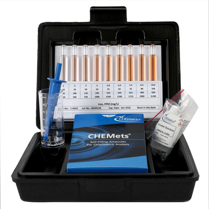 Kit d’analyse visuelle du Fer (total et soluble) 250-2500 ppm, type : HR CHEMets 30 ampoules, marque Chemetrics - Ref.: NBJ037_0