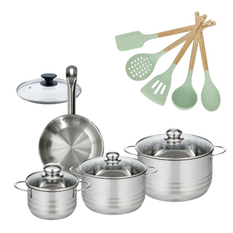 Lot Poêle 20cm et 3 Faitouts 16/20/24cm Fackelmann Etherna avec 6 ustensiles - 3176239920079_0