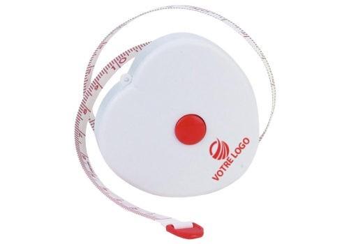 Mètre publicitaire en forme de cœur - bouton rétractable automatique - ruban blanc avec lettres rouges - longueur 150 cm_0