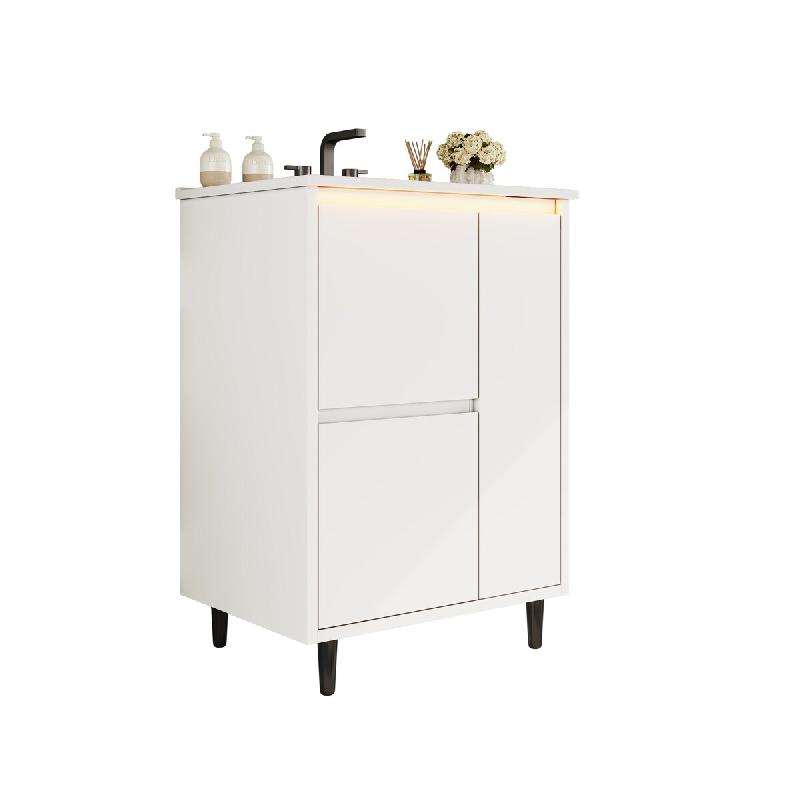 Merax meuble vasque 61 × 46.5 × 87 cm, meuble autoportant avec vasque céramique, LED avec capteur radar, 2 tiroirs, blanc - blanc multi-matériau N_0