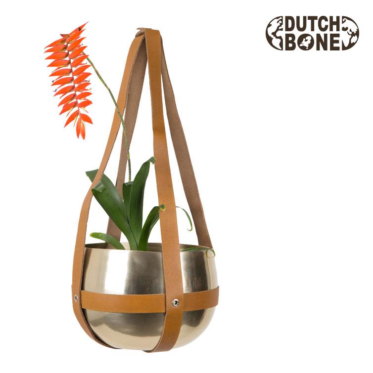 Oasis - Suspension pour plantes en aluminium laqué laiton avec sangles en cuir marron - 21x15 cm_0