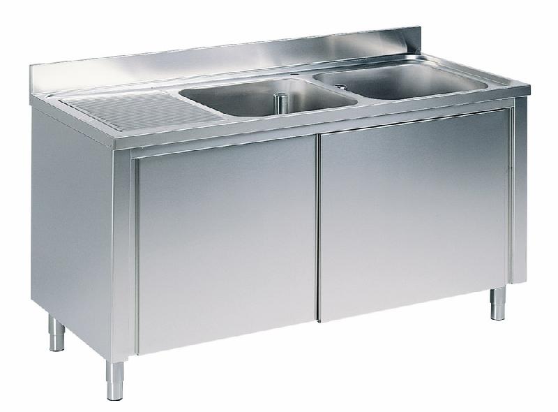 Plonge inox sur armoire, 2 bacs, égouttoir à gauche, avec portes coulissantes, 1400x600 mm - SLA2GS1406_0