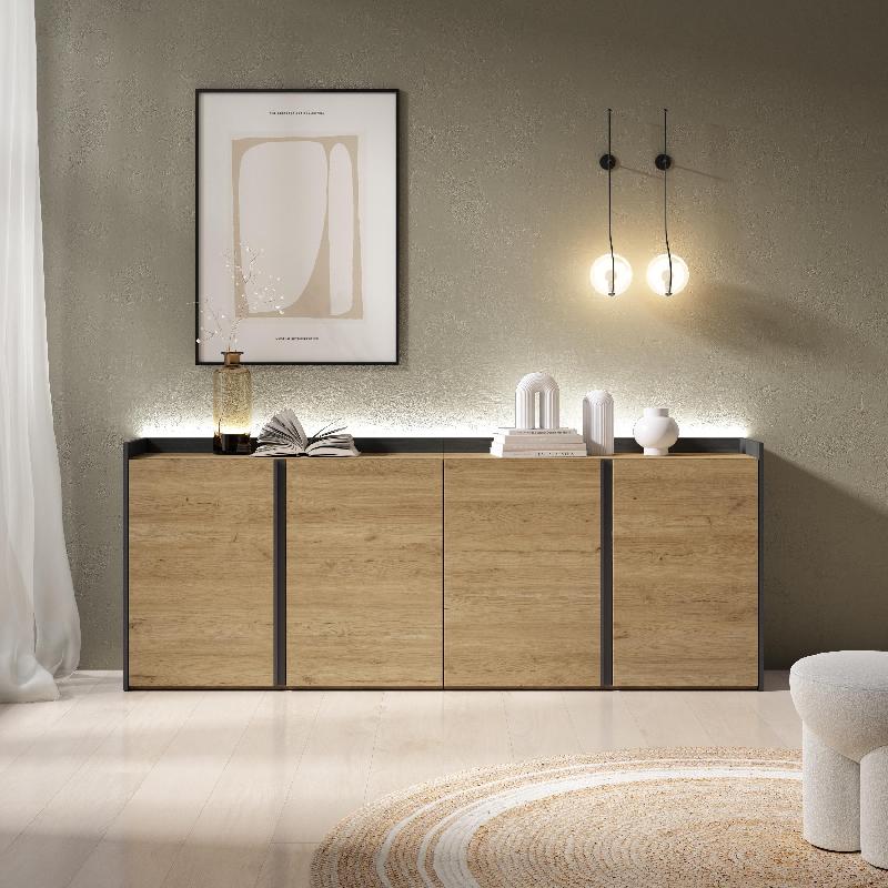 SKRAUT HOME - BUFFET EFFET BOIS DE CHÊNE ET NOIR 207X35X80CM AVEC LED