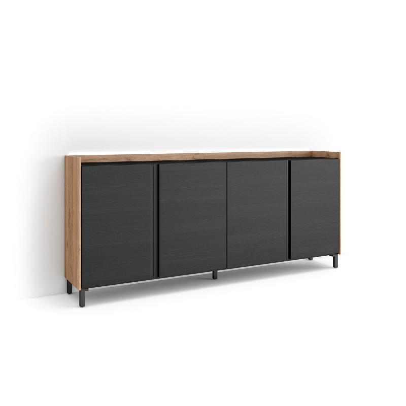 SKRAUT HOME Buffet salon et cuisine, 207x91x35 cm, 4 Portes, Design industriel, LED, Noir et chêne - noir Bois manufacturé 634_4_0