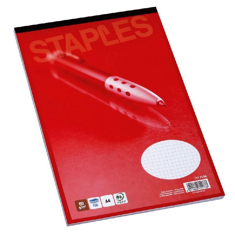 STAPLES BLOC-NOTES AGRAFÉ DIRECTION - FORMAT A4 MAXI (60 G/M2) - 100 PAGES NON PERFORÉES À PETITS CARREAUX - COULEURS ASSORTIES (PRIX À L'UNITÉ)