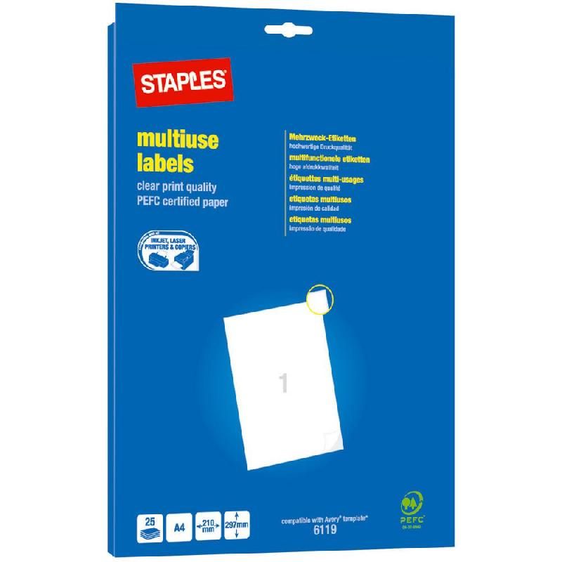 STAPLES ETIQUETTE MULTI-USAGES BLANCHE - STAPLES - 210 X 297 MM - BOÎTE DE 25 ÉTIQUETTES