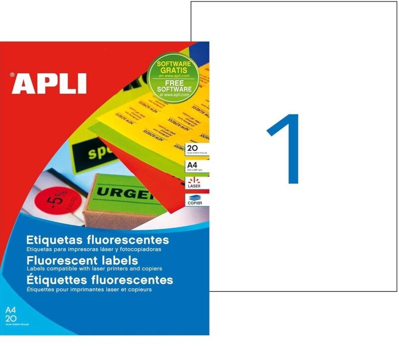 Apli 20 étiquettes rouge fluo, format 210 x 297 mm (20 feuilles A4 / cdt) - 8410782028802_0