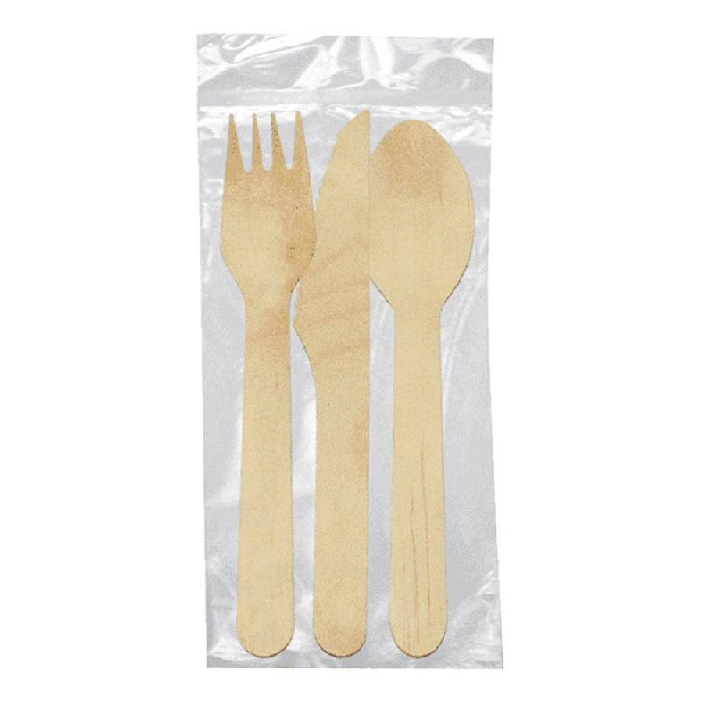 Kit 3/1 couverts fourchette + couteau + cuillère en bois 16cm - par 100_0