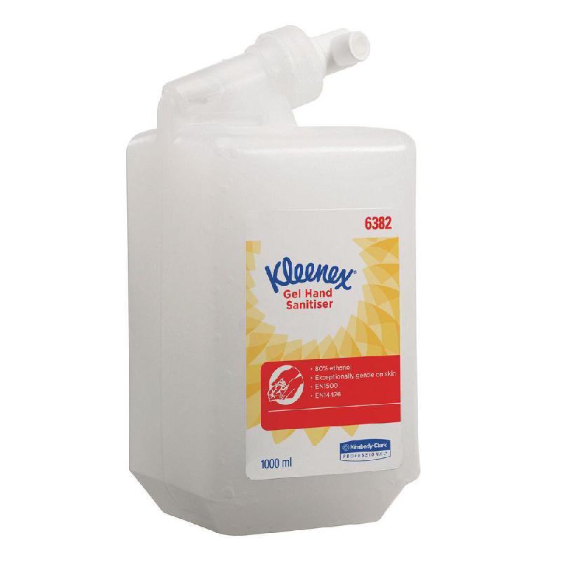 KLEENEX CARTOUCHE DE GEL TRANSPARENT DÉSINFECTANT ET HYDRATANT INSTANTANÉ POUR LES MAINS À BASE D'ALCOOL 1 L (LOT DE 6)