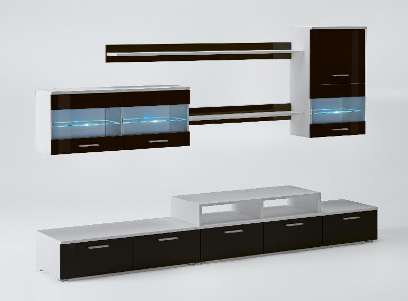 MEUBLE TV, ILUMIN.LED, BLANC MATE/NOIR LAQUÉ