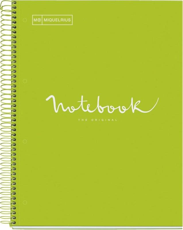 MIQUELRIUS Lot de 5 Cahier Emotions A4, 240p./120 feuilles 90 g/m², reliure intégrale, couverture carton vert lime, quadrillé 5x5 - 8422593460788_0